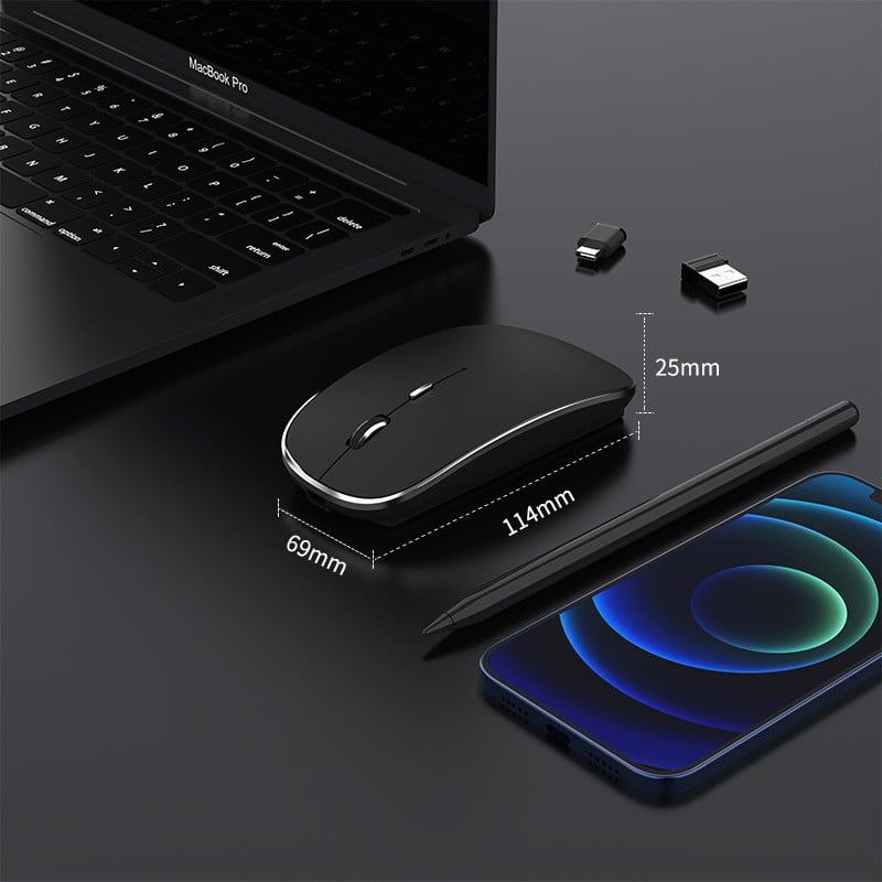 Vezeték nélküli egér laptophoz, 2,4 GHz-es vezeték nélküli egér USB/USB-C kettős vevővel számítógéphez, újratölthető hordozható egér