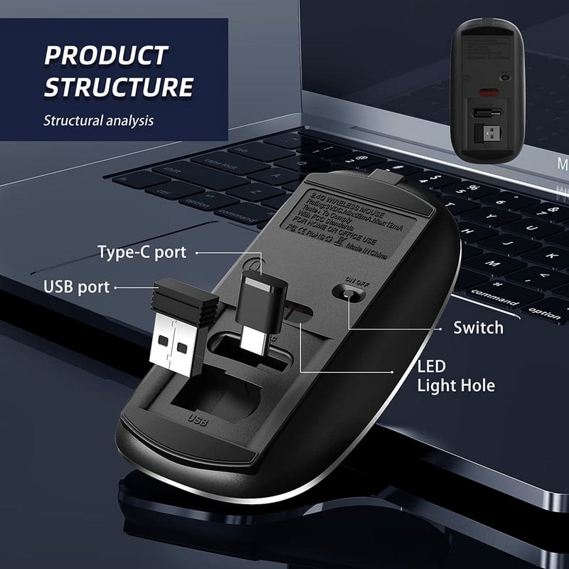Vezeték nélküli egér laptophoz, 2,4 GHz-es vezeték nélküli egér USB/USB-C kettős vevővel számítógéphez, újratölthető hordozható egér