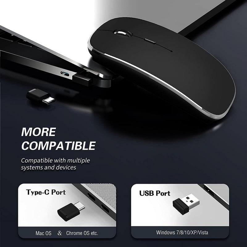 Vezeték nélküli egér laptophoz, 2,4 GHz-es vezeték nélküli egér USB/USB-C kettős vevővel számítógéphez, újratölthető hordozható egér