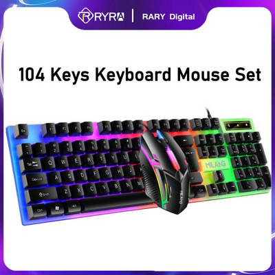 Set mouse-uri cu tastatură RYRA cu 104 taste, tastatură mecanică Esports pentru jocuri și mouse combinat cu fir RGB iluminat din spate pentru laptop, computer, jucător