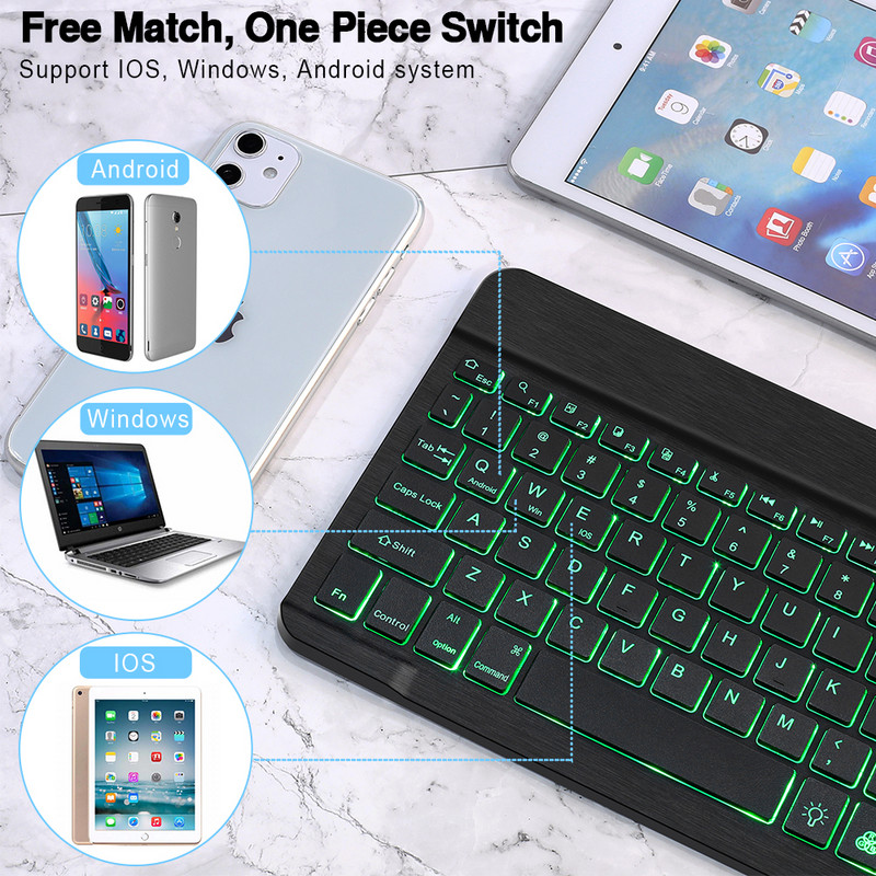 Tastatură Bluetooth RGB Tastatură fără fir Bluetooth Mini tastatură spaniolă Lumină de fundal RGB reîncărcabilă pentru tableta telefon ipad