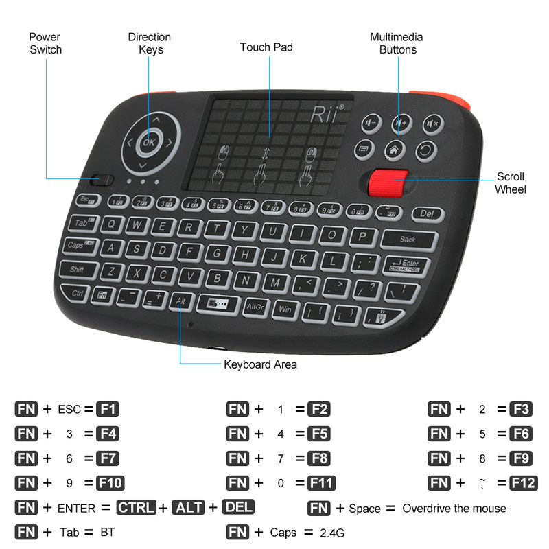 Tastatură fără fir Rii i4 Mini BT cu touchpad 2,4 GHz mouse-ul retroiluminat telecomandă pentru Windows Android TV Box Smart TV