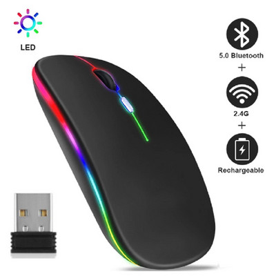 Bluetooth 2.4Ghz juhtmevaba helendav hiir USB 30db vaikne 3 režiimi 1600DPI taaslaetavad LED hiired arvuti sülearvuti kontorimängu jaoks