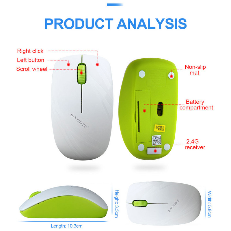 E-YOOSO E-1070 Mouse pentru jocuri fără fir USB 2.4G 3065-XY 1600 DPI Soareci optici pentru jocuri laptop ergonomic PC