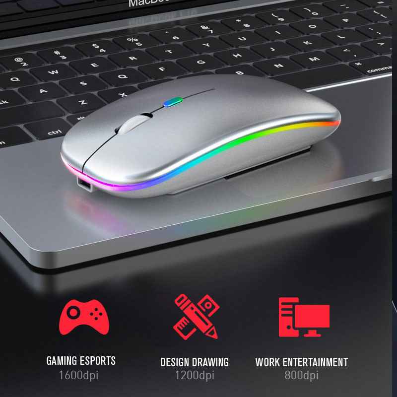 Bluetooth 5.0 vezeték nélküli egér USB újratölthető RGB világítással laptop számítógéphez PC Macbook játékegér 2,4 GHz 1600 DPI