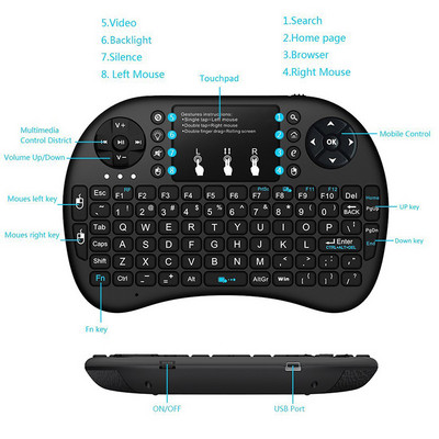 A8 Mini įkraunamas ergonomiškas 2,4 G oro pelės jutiklinis kilimėlis su apšvietimu belaidė klaviatūra USB imtuvas, skirtas Smart TV Box darbalaukiui