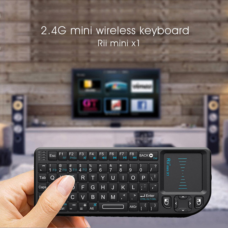 Rii X1 2,4 GHz mini bezvadu tastatūra angļu/ES/FR tastatūras ar skārienpaneli Android TV pierīcei/personālajam datoram/klēpjdatoram