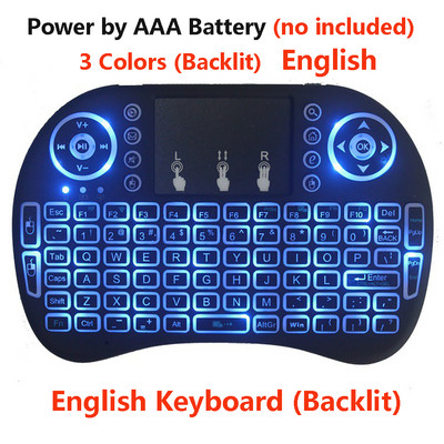 I8 apšviesta mini belaidė klaviatūra anglų rusų prancūzų ispanų portugalų 2.4G oro pelės nuotolinio valdymo pultas, skirtas Android TV Box kompiuteriui