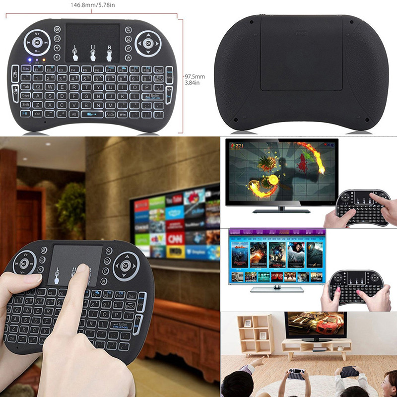 Apšviesta 2.4G belaidė mini rankinė nuotolinė klaviatūra oro pelė su jutikliniu kilimėliu, skirta kompiuteriui, Raspberry Pi 2, kilimėlis, išmanusis televizorius, Windows 7