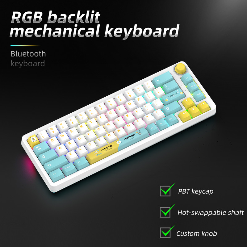 KT-68 vieno / trijų režimų RGB mechaninė žaidimų klaviatūra, jūros druska, citrina, klaviatūra „Bluetooth“ 2.4G belaidė laidinė „hot Swap“ klaviatūra