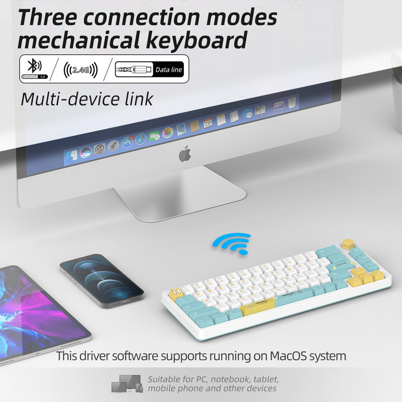 KT-68 vieno / trijų režimų RGB mechaninė žaidimų klaviatūra, jūros druska, citrina, klaviatūra „Bluetooth“ 2.4G belaidė laidinė „hot Swap“ klaviatūra