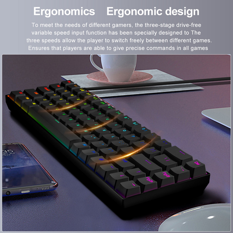 E-YOOSO Z686 RGB USB 60% Mini subțire tastatură mecanică pentru jocuri cu fir comutator roșu 68 taste rusă portugheză braziliană pentru calcul