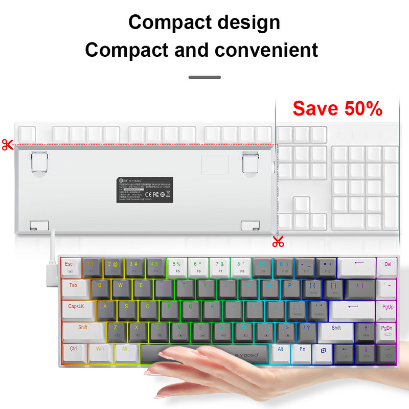 E-YOOSO Z686 RGB USB 60% Mini subțire tastatură mecanică pentru jocuri cu fir comutator roșu 68 taste rusă portugheză braziliană pentru calcul