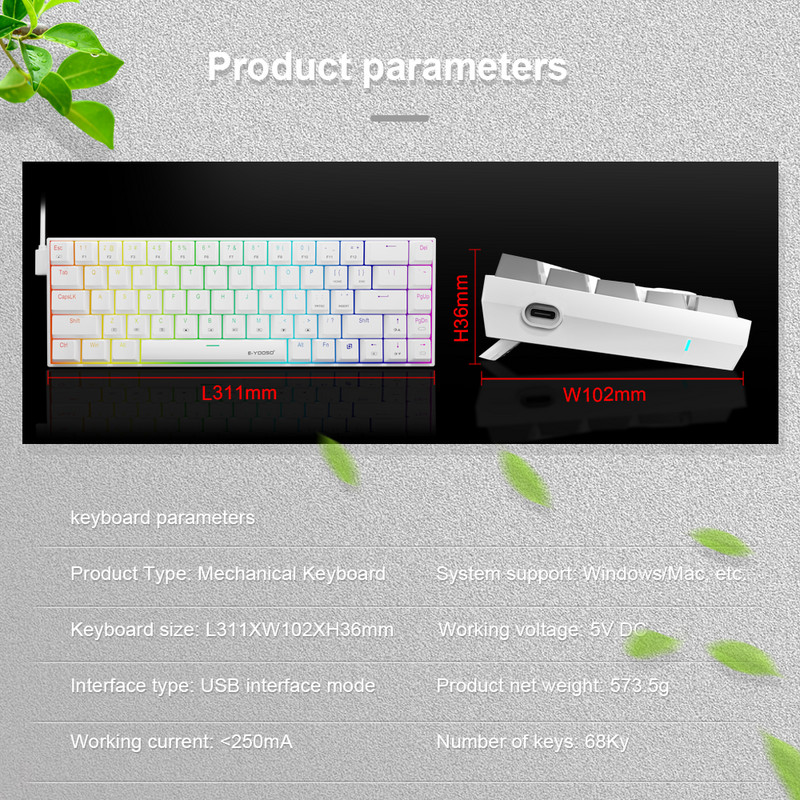 E-YOOSO Z686 RGB USB 60% Mini subțire tastatură mecanică pentru jocuri cu fir comutator roșu 68 taste rusă portugheză braziliană pentru calcul