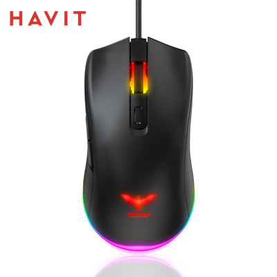 Havit RGB гейминг мишка Кабелни компютърни геймърски мишки със 7 цвята подсветка 6 бутона до 6400 DPI Компютърни USB мишки Черен MS732