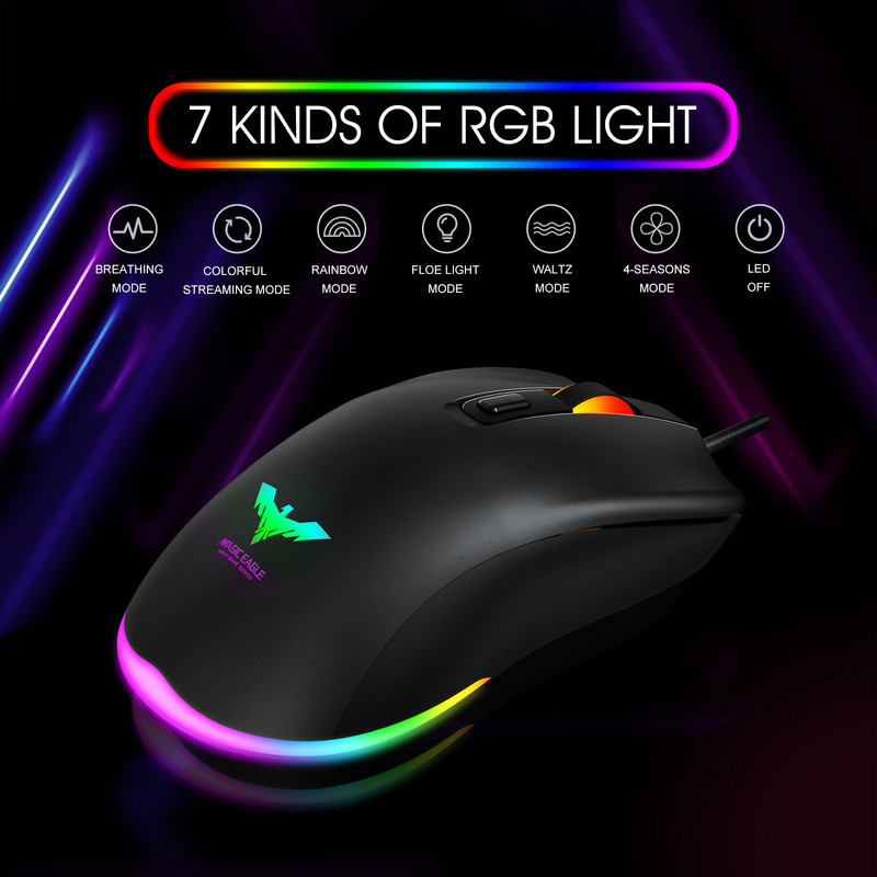 Mouse pentru gaming Havit RGB Mouse pentru gaming pentru PC cu fir cu iluminare din spate 7 culori 6 butoane Până la 6400 DPI Mouse-uri USB pentru computer Negru MS732
