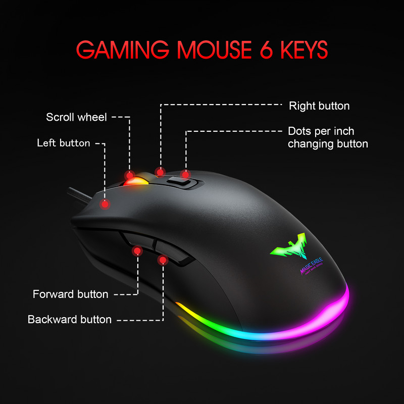 Mouse pentru gaming Havit RGB Mouse pentru gaming pentru PC cu fir cu iluminare din spate 7 culori 6 butoane Până la 6400 DPI Mouse-uri USB pentru computer Negru MS732