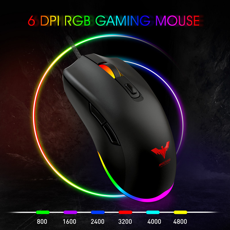 Mouse pentru gaming Havit RGB Mouse pentru gaming pentru PC cu fir cu iluminare din spate 7 culori 6 butoane Până la 6400 DPI Mouse-uri USB pentru computer Negru MS732