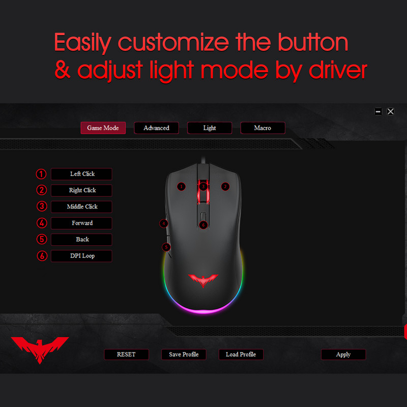 Mouse pentru gaming Havit RGB Mouse pentru gaming pentru PC cu fir cu iluminare din spate 7 culori 6 butoane Până la 6400 DPI Mouse-uri USB pentru computer Negru MS732
