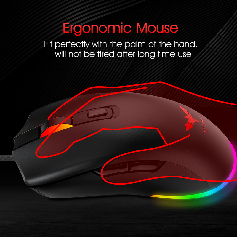Mouse pentru gaming Havit RGB Mouse pentru gaming pentru PC cu fir cu iluminare din spate 7 culori 6 butoane Până la 6400 DPI Mouse-uri USB pentru computer Negru MS732