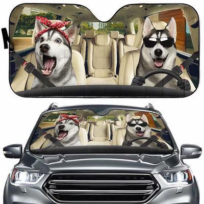 Greture Husky Dog Parasolar pentru parbriz pentru mașină, SUV, camion, fereastră din față, umbrire de soare, capac de protecție 57 x 27,5 inci, parasolar pentru mașină