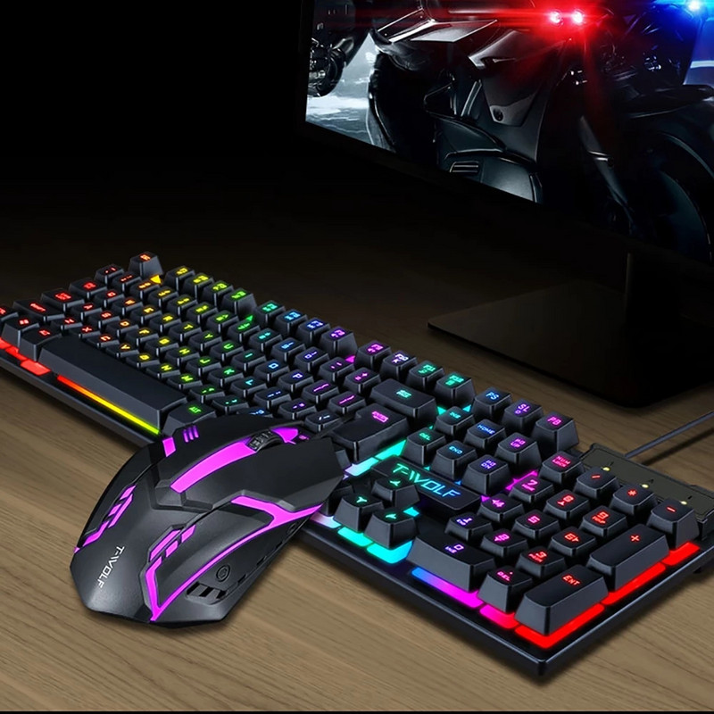 RU SHIPPINGSet de mouse cu tastatură mecanică pentru jocuri cu iluminare de fundal curcubeu Tastatură cu iluminare din spate cu fir 104 taste Anti-ghosting pentru computer pentru jucători