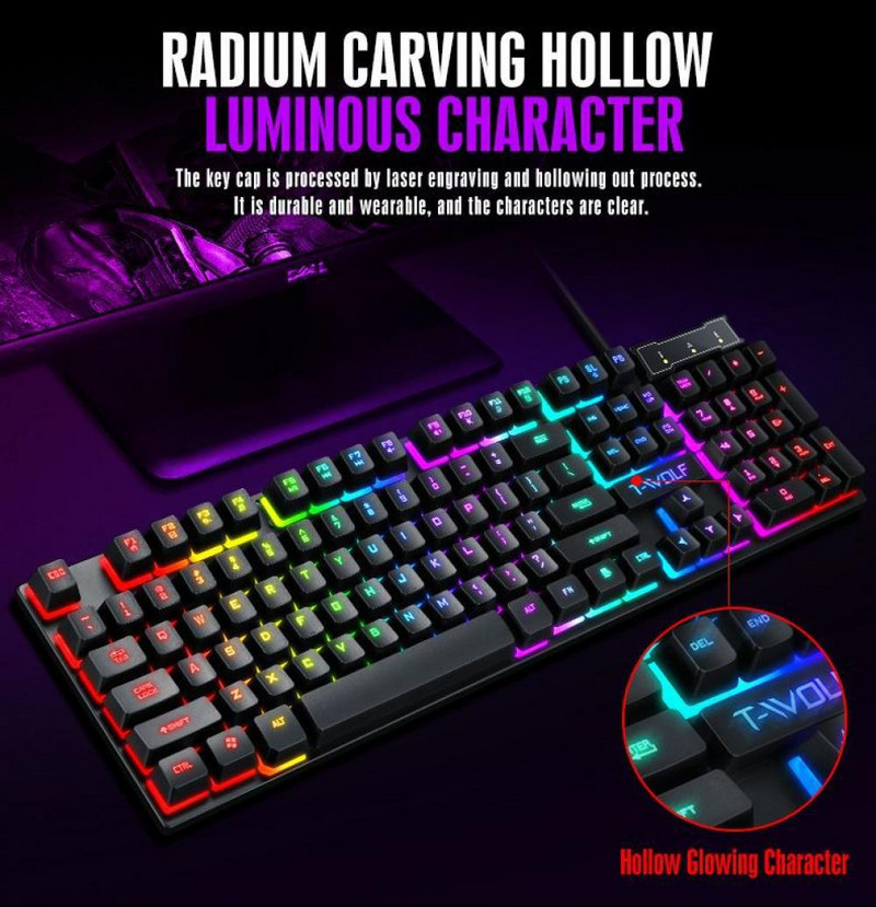 RU SHIPPINGSet de mouse cu tastatură mecanică pentru jocuri cu iluminare de fundal curcubeu Tastatură cu iluminare din spate cu fir 104 taste Anti-ghosting pentru computer pentru jucători