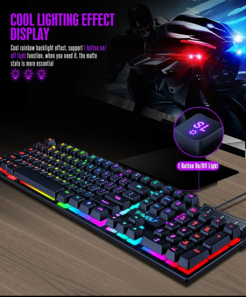 RU SHIPPINGSet de mouse cu tastatură mecanică pentru jocuri cu iluminare de fundal curcubeu Tastatură cu iluminare din spate cu fir 104 taste Anti-ghosting pentru computer pentru jucători