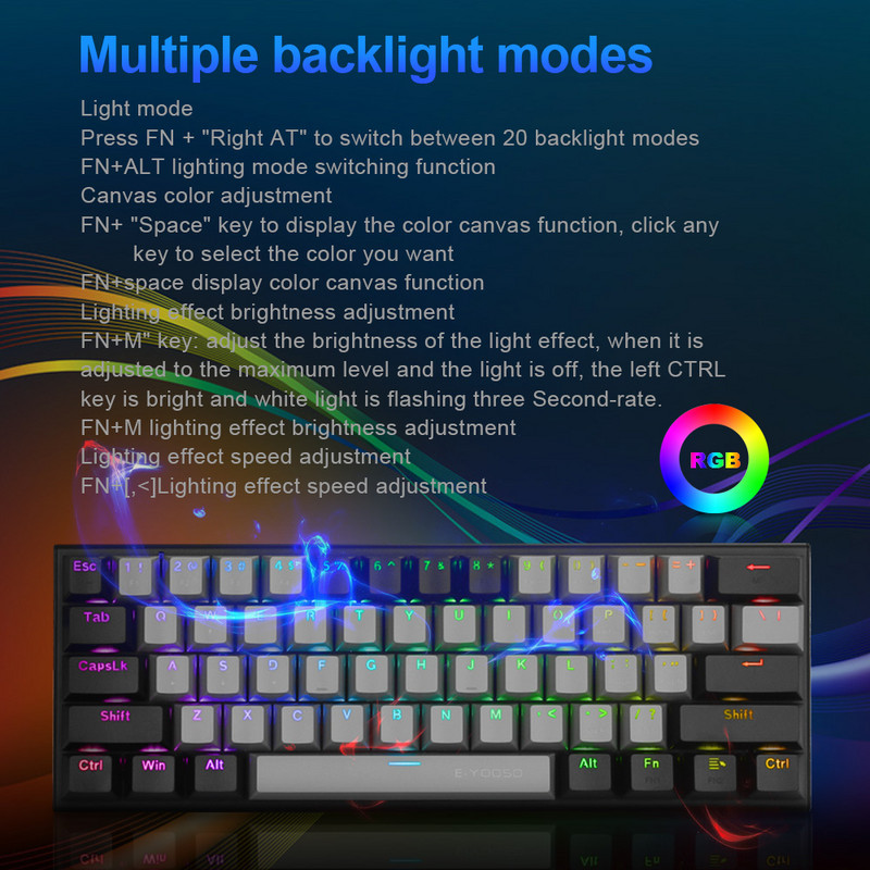 E-YOOSO Z11 RGB USB 60% Mini tastatură mecanică pentru jocuri întrerupător albastru roșu 61 taste Cablu detașabil cu fir, portabil pentru computer de călătorie