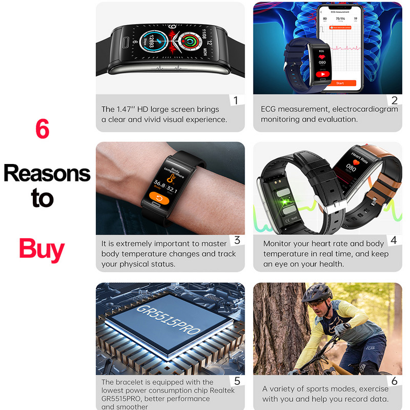 Έξυπνο αντρικό ρολόι ECG E600 Μη επεμβατικό όργανο γυμναστικής Γυναικείο Smartwatch Android