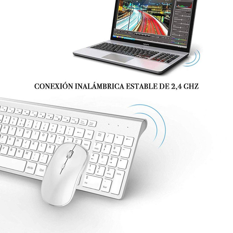 Aspect Spania/combinație de tastatură și mouse fără fir, conexiune stabilă de 2,4 GHz, tastatură și mouse silențioasă portabilă alb argintiu.