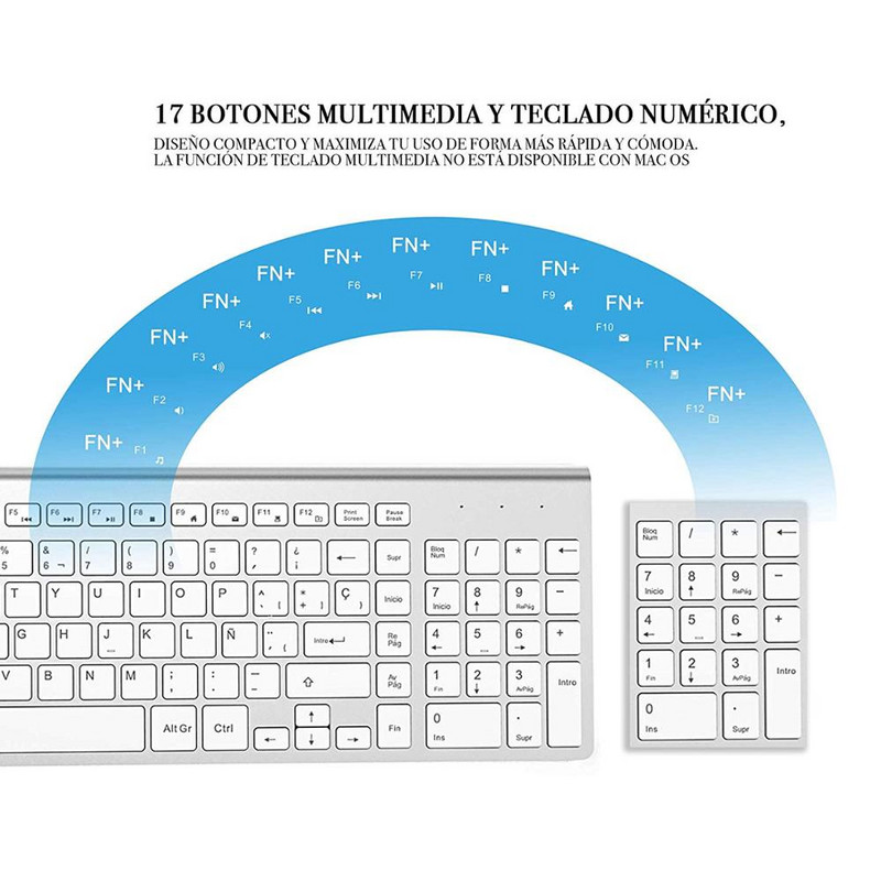 Aspect Spania/combinație de tastatură și mouse fără fir, conexiune stabilă de 2,4 GHz, tastatură și mouse silențioasă portabilă alb argintiu.