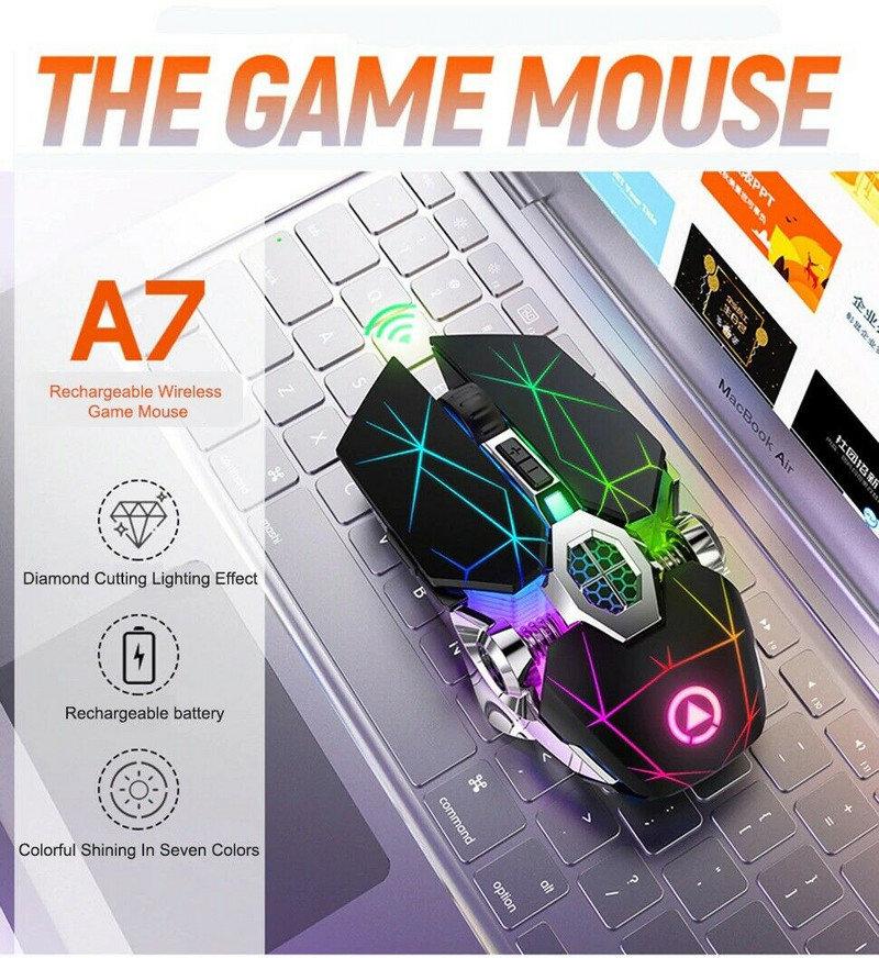 Mouse optic wireless 2.4G USB pentru jocuri 1600DPI 7 culori LED-uri iluminate din spate Mouse silențios reîncărcabil pentru PC laptop