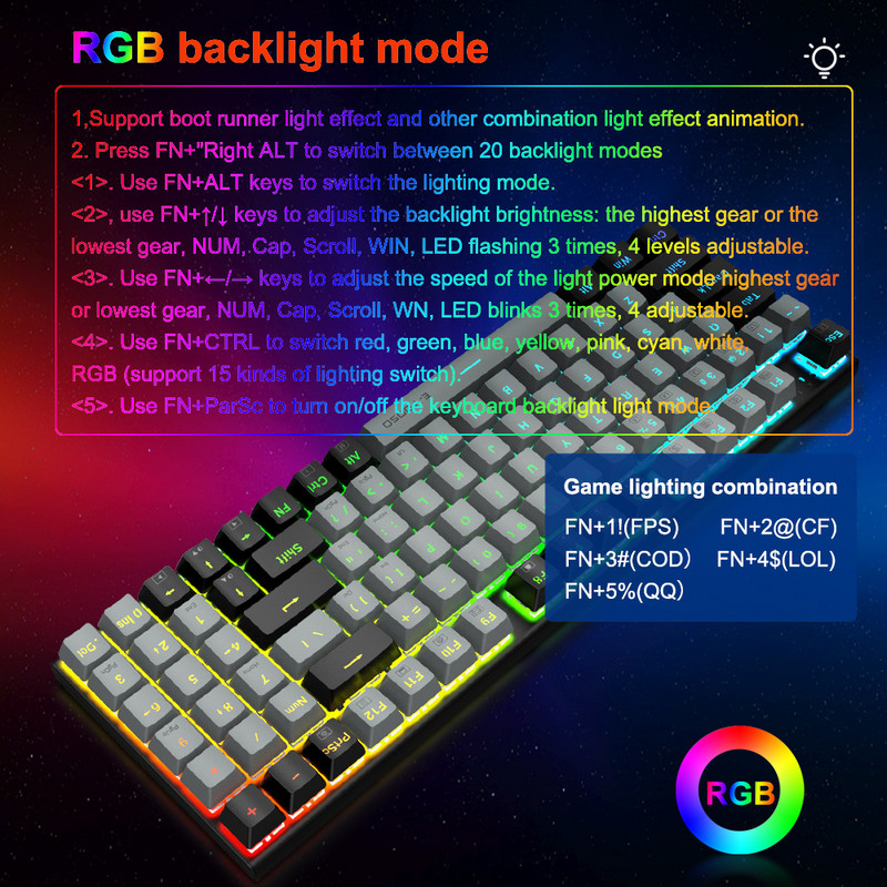 E-YOOSO Z19 RGB USB Tastatură mecanică pentru jocuri întrerupător albastru roșu 94 de taste Cablu detașabil cu fir pentru computer laptop