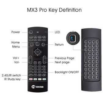 VONTAR MX3 Pro Backlight 2.4G Ασύρματο πληκτρολόγιο Τηλεχειριστήριο IR Learning Ποντίκι Fly Air για X92 X96 Android TV Box