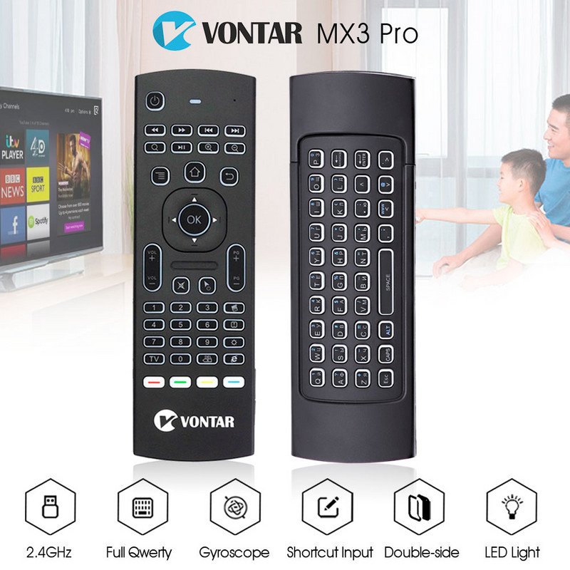 VONTAR MX3 Pro háttérvilágítású 2.4G vezeték nélküli billentyűzet távirányító IR tanuló Fly Air egér X92 X96 Android TV Boxhoz