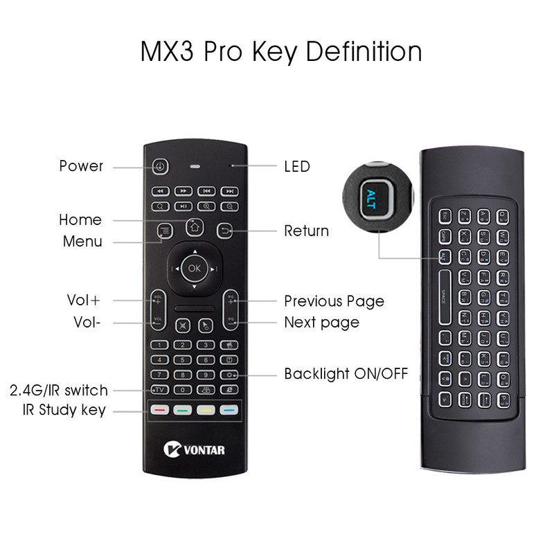 VONTAR MX3 Pro háttérvilágítású 2.4G vezeték nélküli billentyűzet távirányító IR tanuló Fly Air egér X92 X96 Android TV Boxhoz