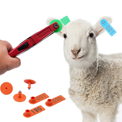 Животновъдство Овце ушни етикети 100 бр. Номерирани 001-100 Пластмасови апликатори за маркери за ушни етикети за овце, кози, крави, идентификация на животни