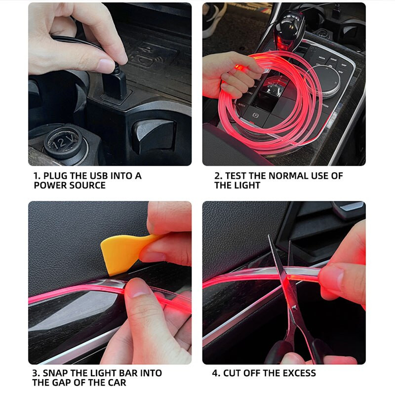 Lumini interioare auto 1 în 1 Lumini decorative pentru atmosferă Benzi LED neon RGB Lumini cu fibră optică USB Lumini ambientale auto