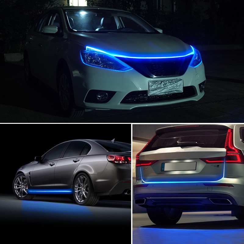 LED automobilio gaubto atmosfera, šviesi juostelė, vandeniui atspari automobilio išorės apdaila, apšvietimas, dekoratyviniai priekiniai žibintai, aplinkos lempa 12 V, universalus