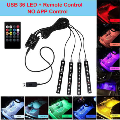 4 db LED-es fénysáv autó belső dekoratív hangulatú RGB szalagfények USB APP távirányítóval zenei ritmus villogó lámpák