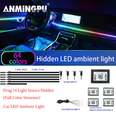 ANMINGPU 18 în 1 Lumină de atmosferă pentru mașină LED Lumină interioară Bandă acrilică App Control RGB Lampă decorativă de 64 culori