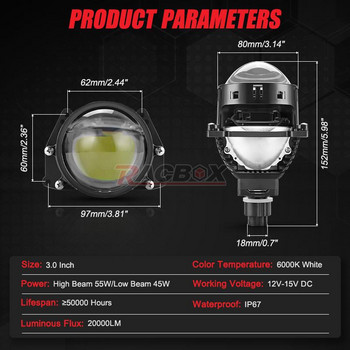 3.0-инчов обектив за двукамерен LED проектор 6000K Бял H4 H7 9005 9006 Универсален за LHD със сребърна маска Допълнителна лампа за фарове 20000LM