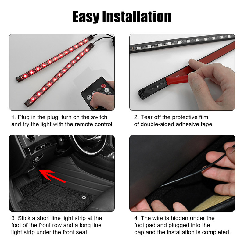 LEEPEE 24/36/48 LED Lampă ambientală Lampă de atmosferă Lumini decorative pentru interior auto Telecomandă/Comandă vocală Bandă de lumină pentru picior de mașină