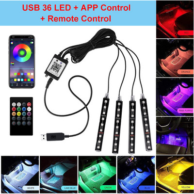 36 LED-uri RGB Lumini de atmosferă Interiorul mașinii Stil ambiental Lămpi decorative cu benzi pentru picioare APP Telecomandă Muzică Control vocal Becuri bliț