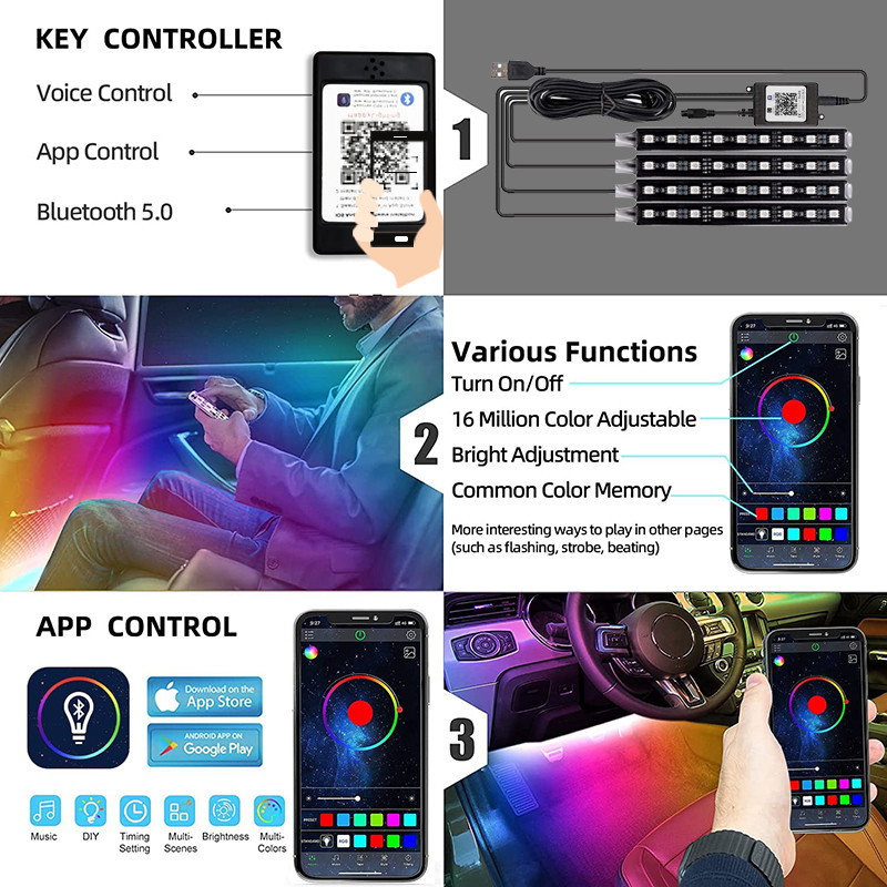 Bandă LED RGB pentru interiorul mașinii Atmosferă Lumină ambientală decorativă LED colorat flexibil cu aplicație Muzică Lampă ritmică controlată de la distanță