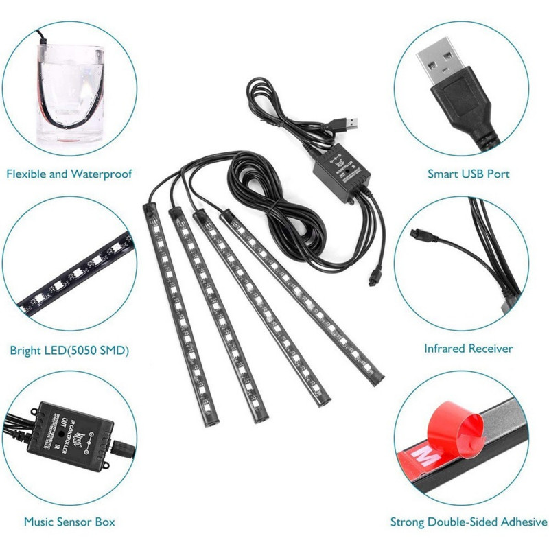 Neon LED interiorul mașinii Benzi de picior ambiante Lumină de stare Iluminare de fundal Telecomanda USB Aplicație Control muzical Auto RGB Atmosferă Lămpi decorative