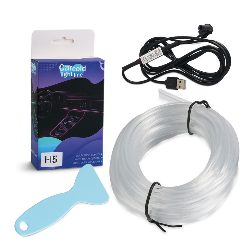 Lumini cu LED-uri pentru interiorul mașinii, bandă de lumini ambientală RGB, control al comutatorului, fibră optică, atmosferă, kit de iluminat neon, lămpi decorative auto, mufă USB