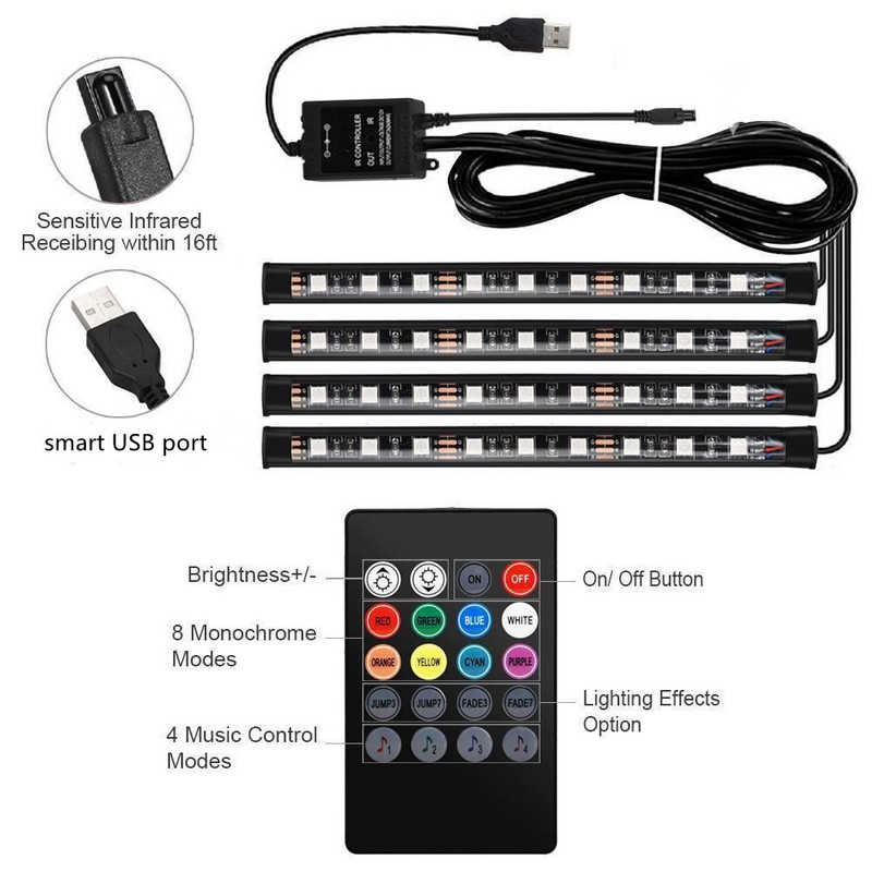 Led autós lábkörnyezeti világítás USB-s szivargyújtóval, háttérvilágítással, zenevezérlő alkalmazással