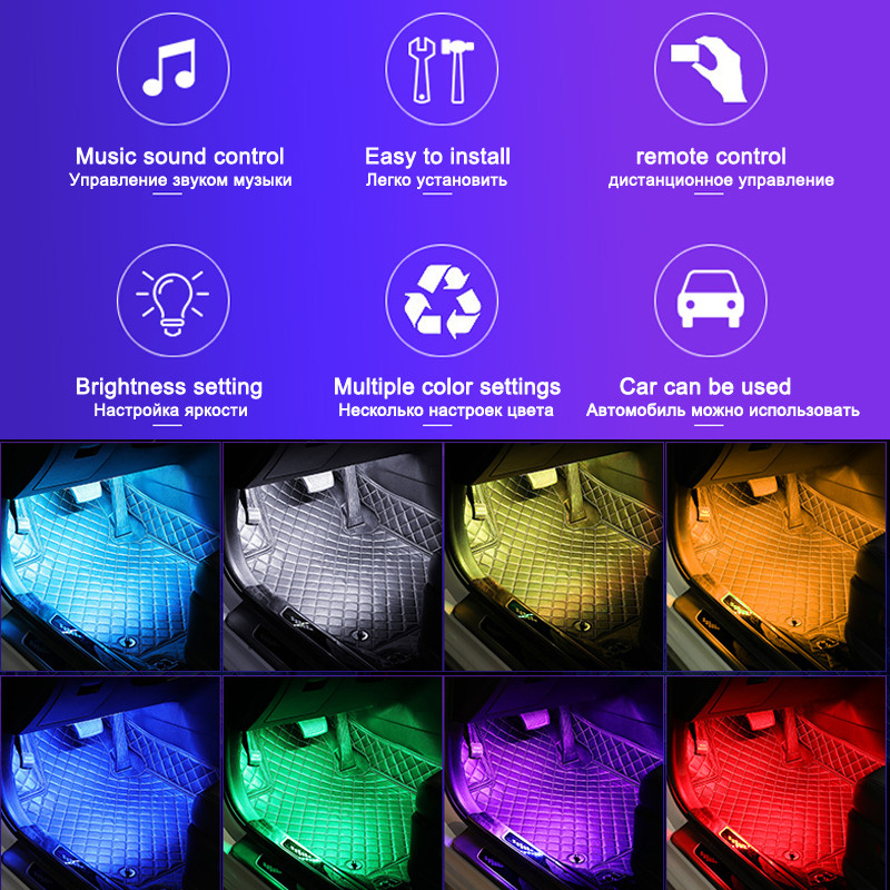 Atmosfera interioară a mașinii RGB LED bandă de lumină Telecomandă fără fir USB Control muzical Moduri multiple Lumină ambientală dinamică decorativă